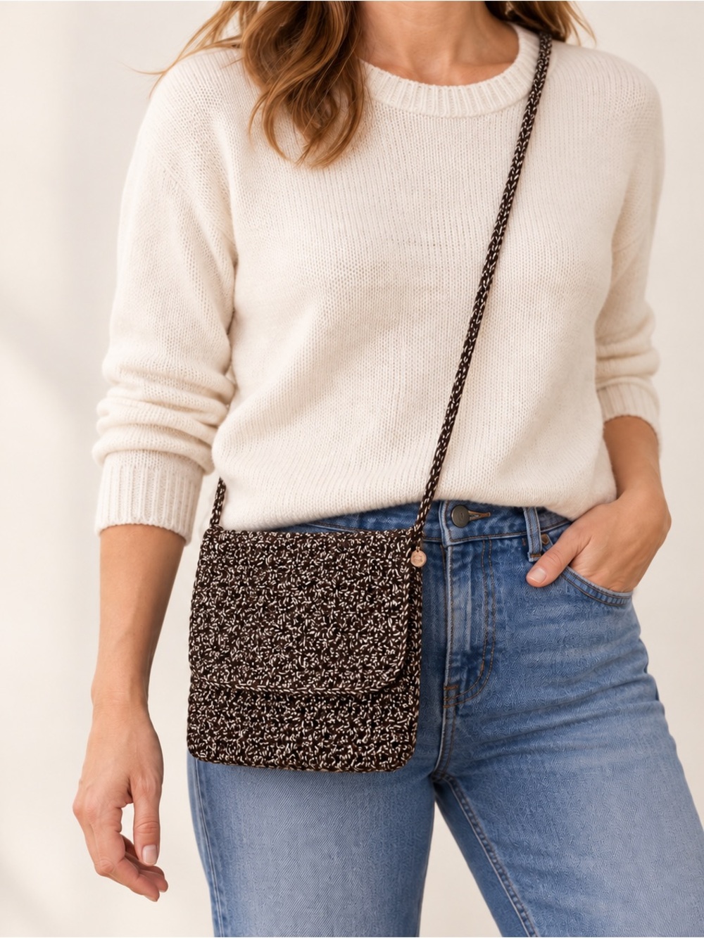 The Sak Brown and Cream Tweed Crochet Flap Crossbody Bag
